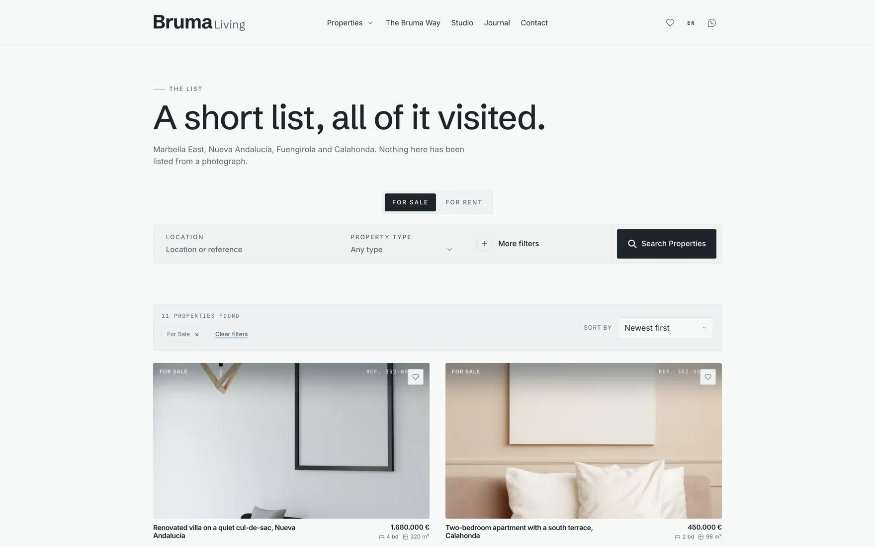 Bruma, a website from the catalogue: its property search and its properties