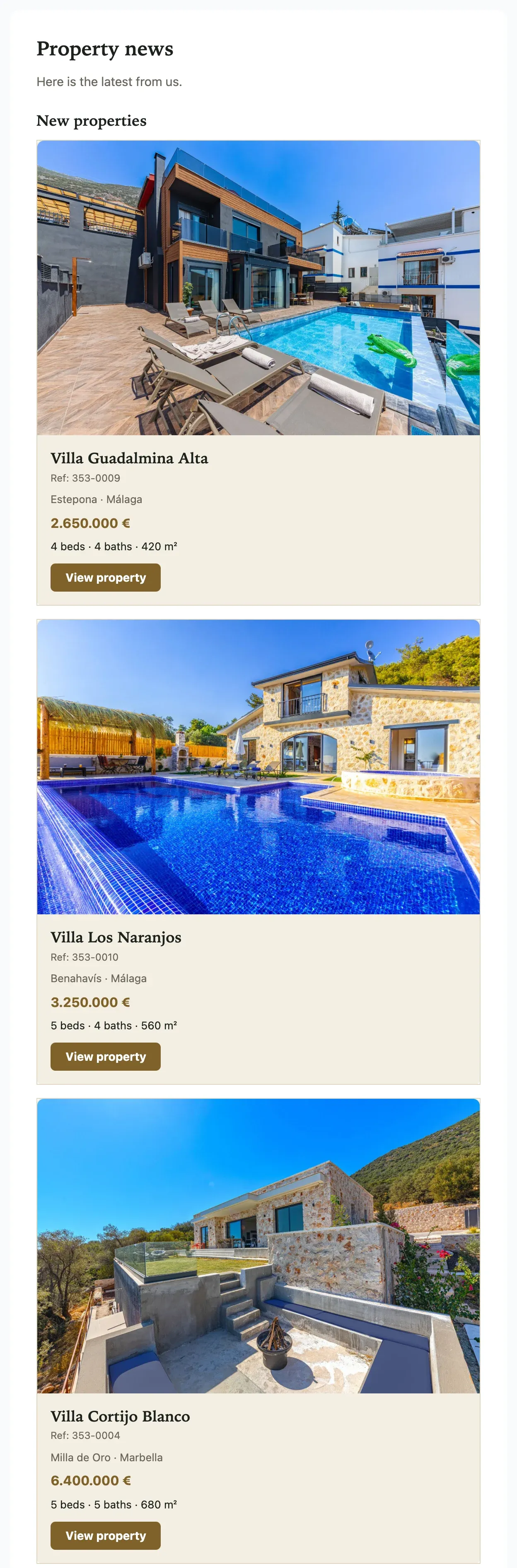 The newsletter Sytio prepares: an email with the agency's new properties, each with its photo, price and details