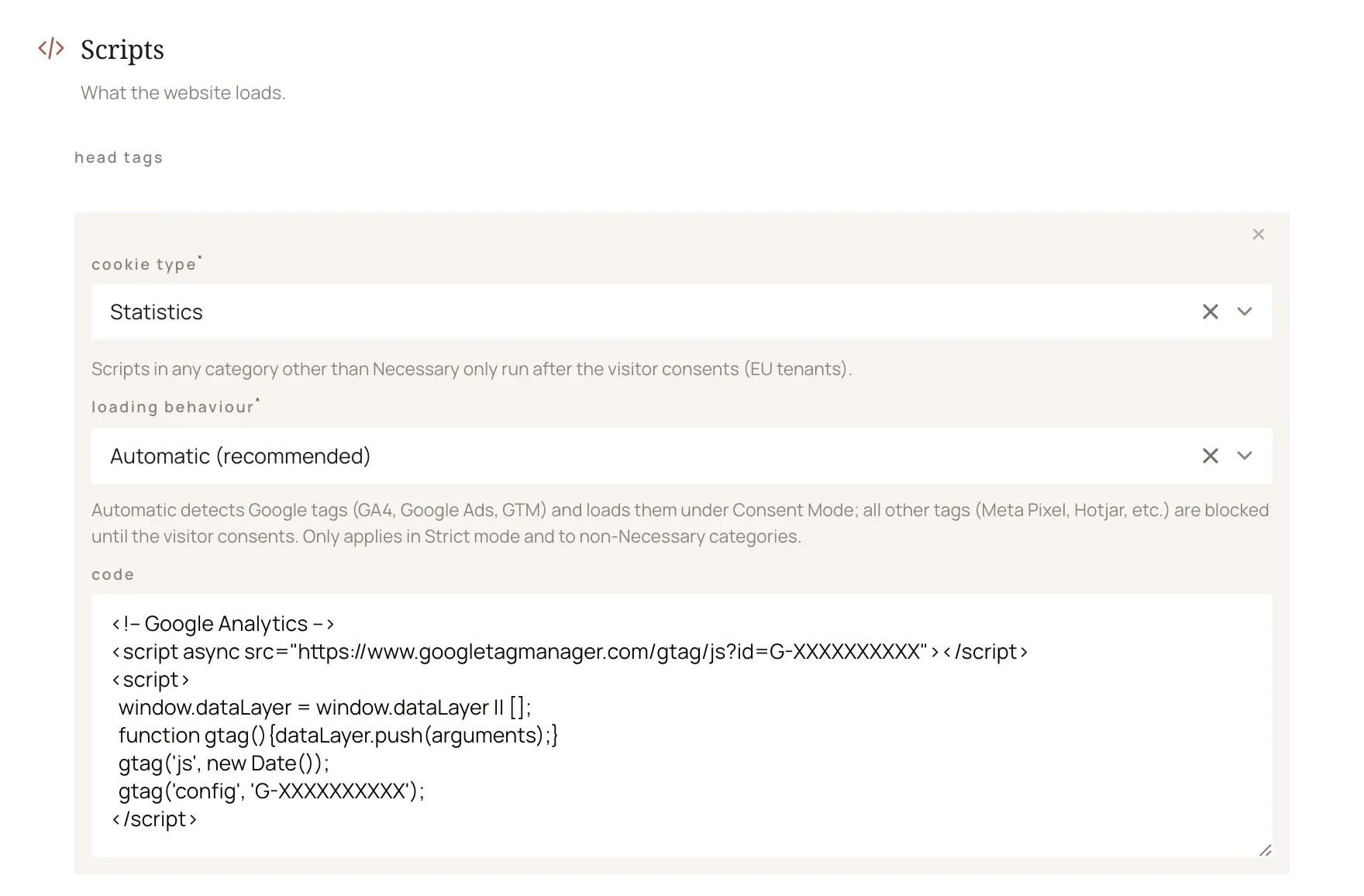 The scripts panel in Sytio: a Google Analytics code with its cookie type and how it loads