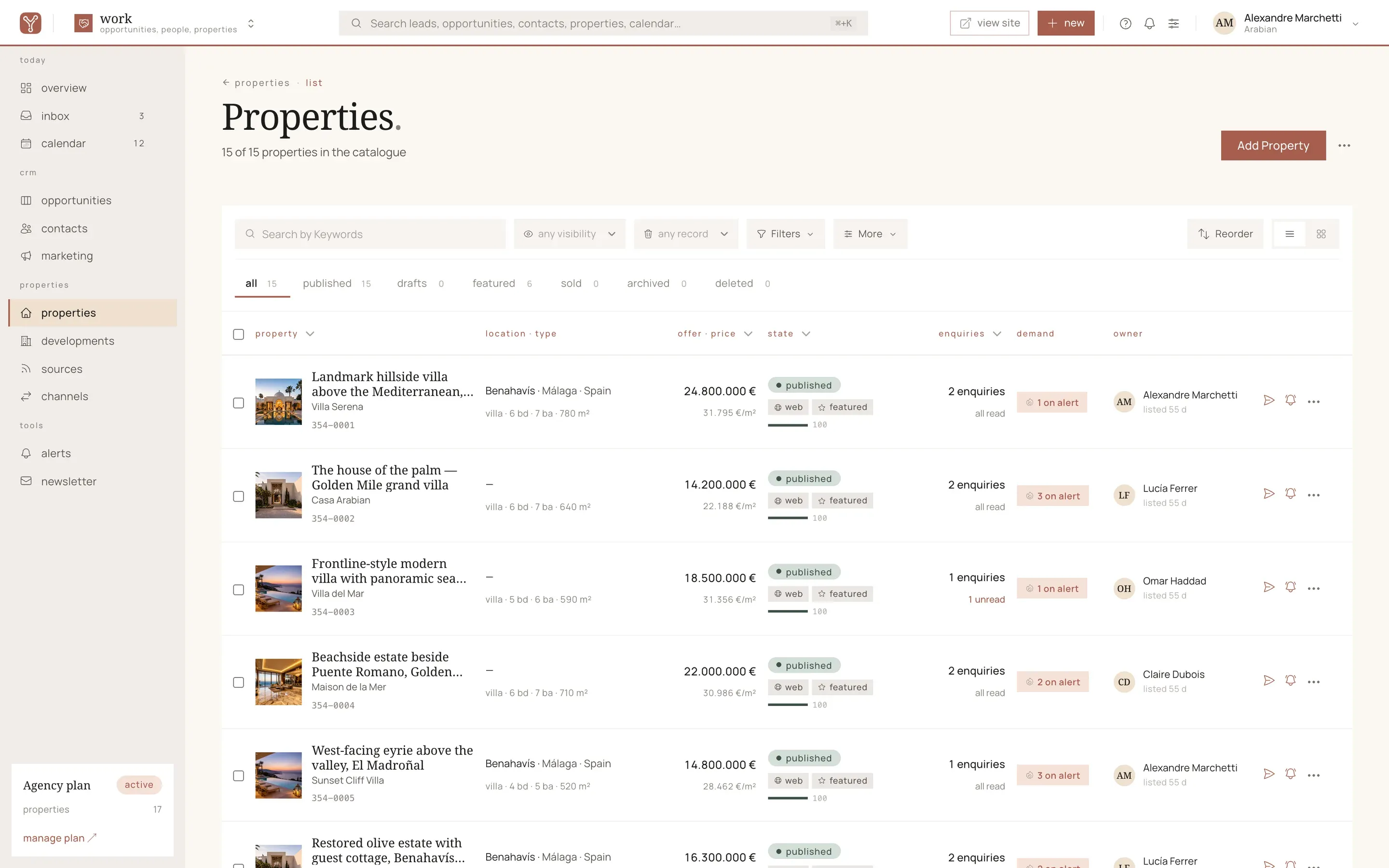 The property list in the Sytio panel, each property with its enquiries and its agent