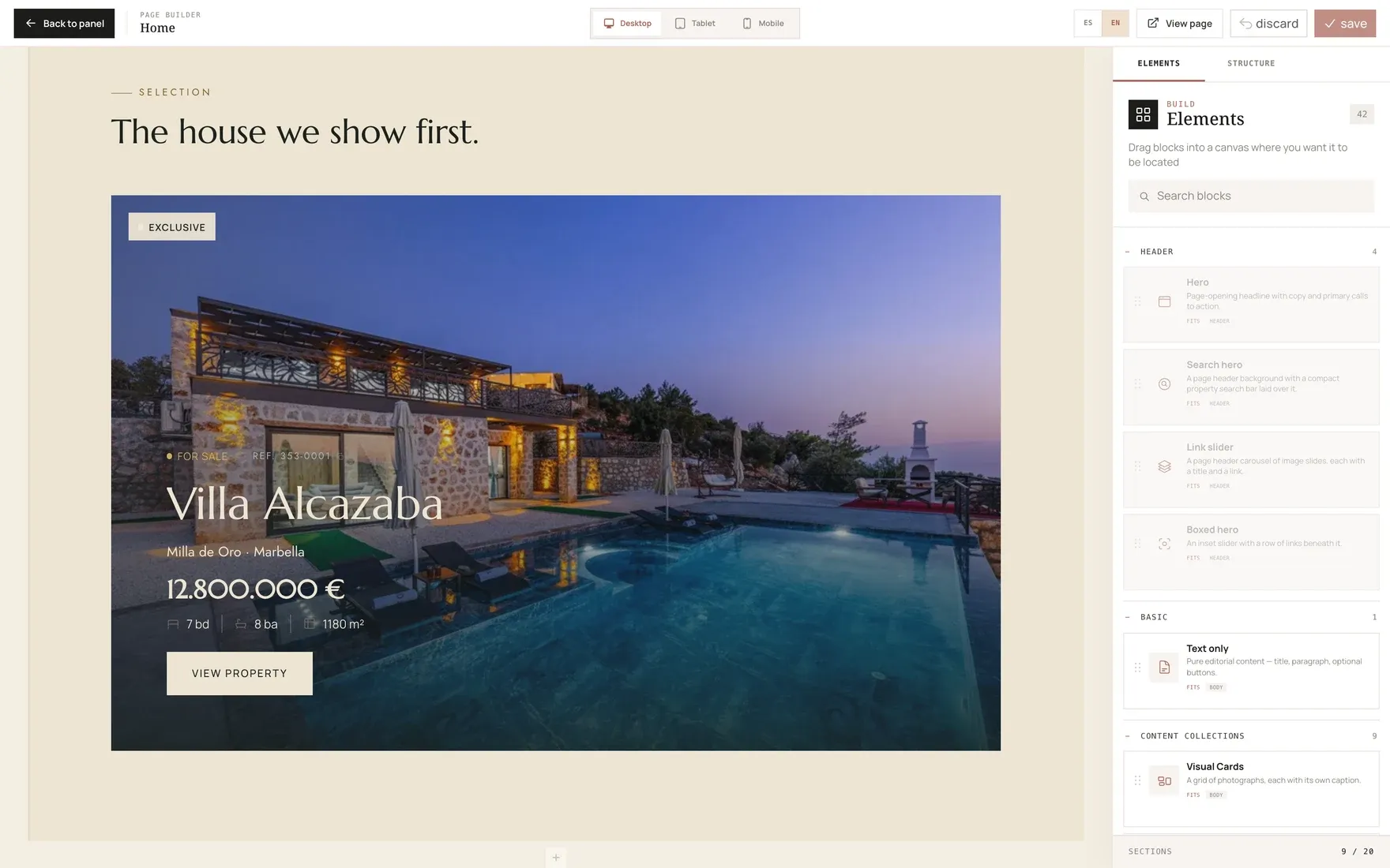 The drag-and-drop visual editor of Sytio, with a page of the website open and the elements to add beside it