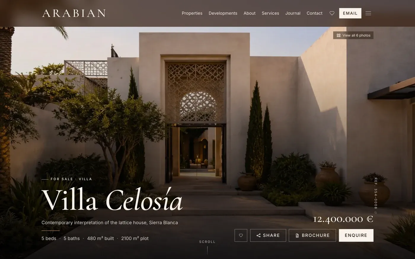 An immersive property page, with the photos taking centre stage: Arabian, a website from the Sytio catalogue
